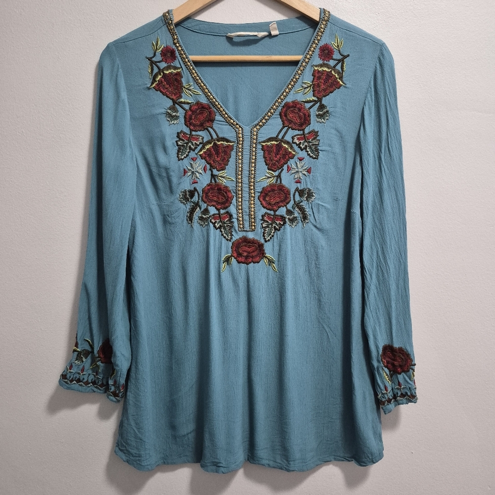 Soft Surroundings Heavily Embroidered Floral Boho Tunic Top Size Medium